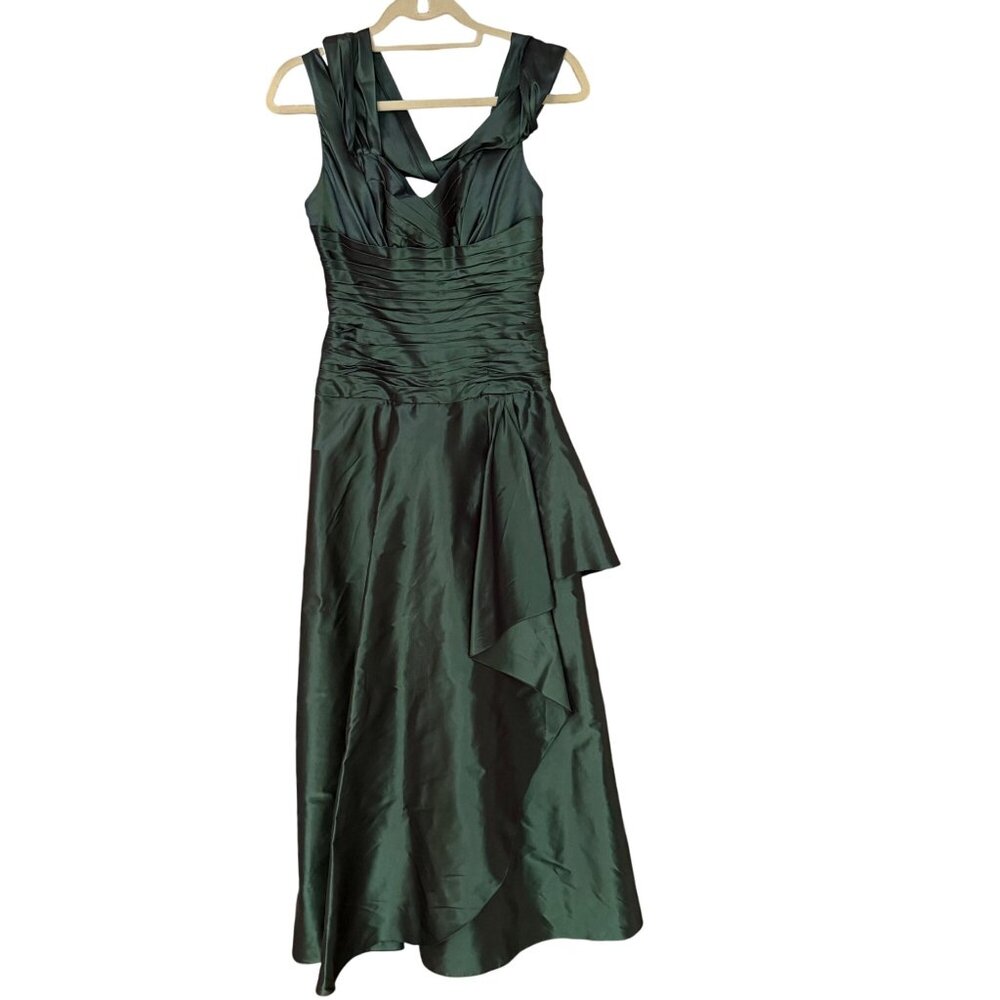 Rickie Freeman Teri Jon Size 6 Green Silk Sleeveless Pleated Ruched Maxi Gown